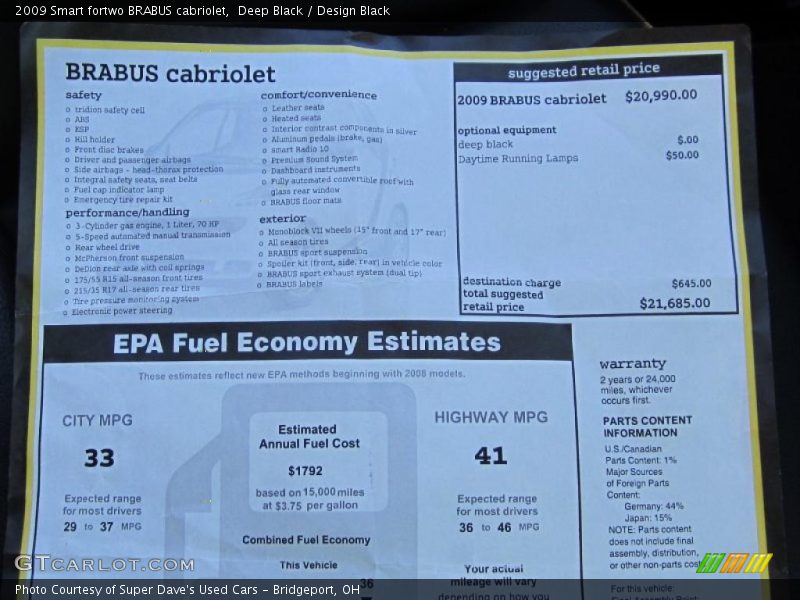 2009 fortwo BRABUS cabriolet Window Sticker