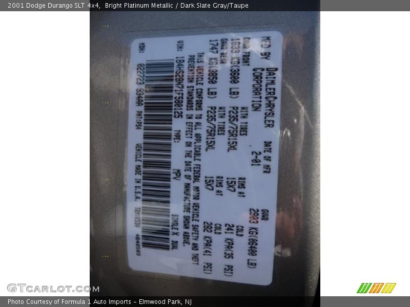 2001 Durango SLT 4x4 Bright Platinum Metallic Color Code PS4
