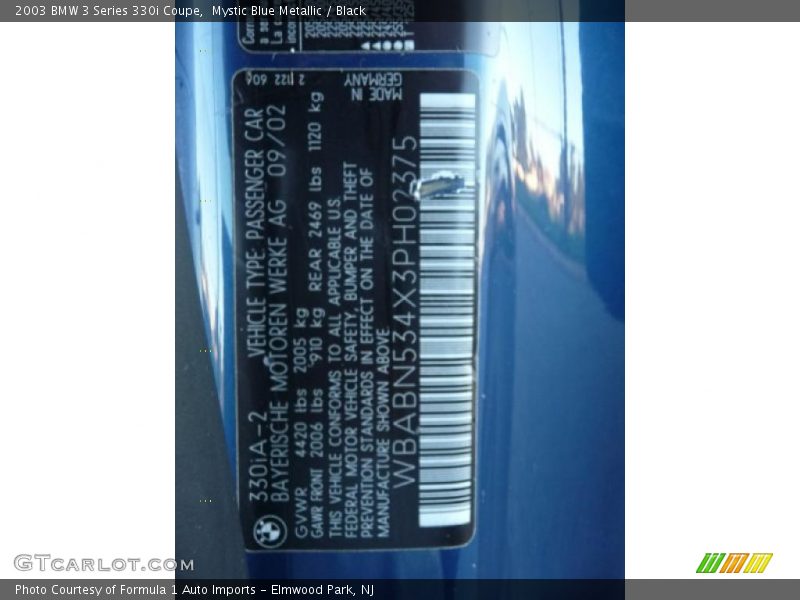 Mystic Blue Metallic / Black 2003 BMW 3 Series 330i Coupe