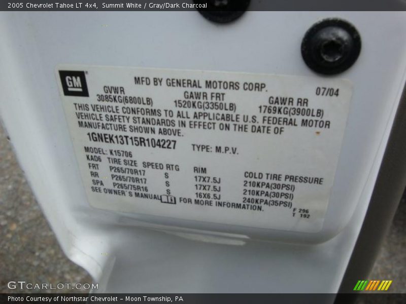 Info Tag of 2005 Tahoe LT 4x4