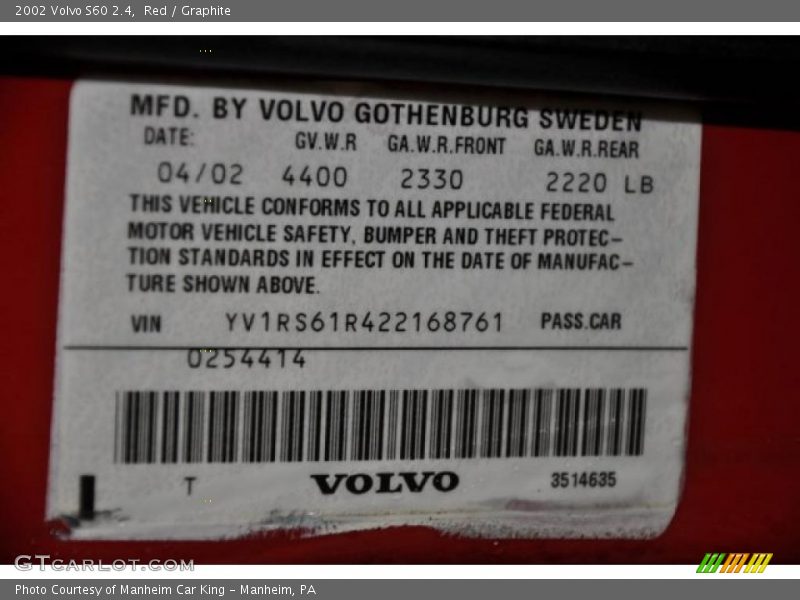 Red / Graphite 2002 Volvo S60 2.4