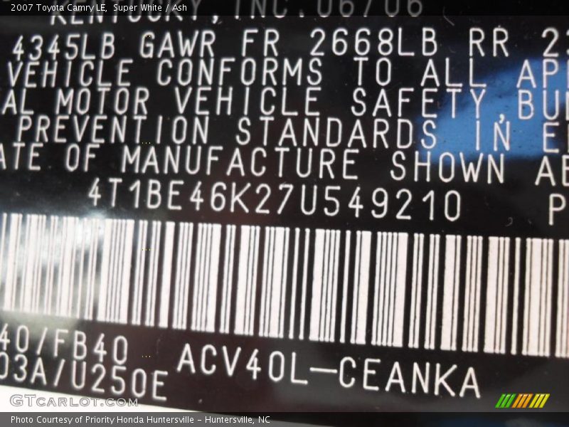 Super White / Ash 2007 Toyota Camry LE