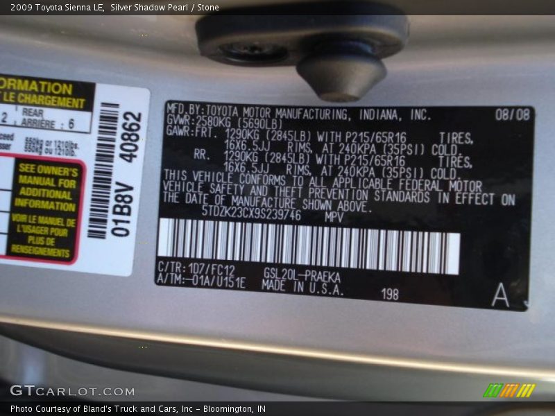 2009 Sienna LE Silver Shadow Pearl Color Code 1D7