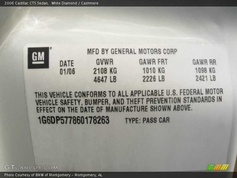 Info Tag of 2006 CTS Sedan