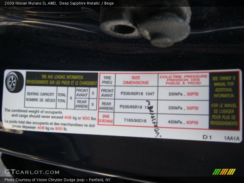 Info Tag of 2009 Murano SL AWD