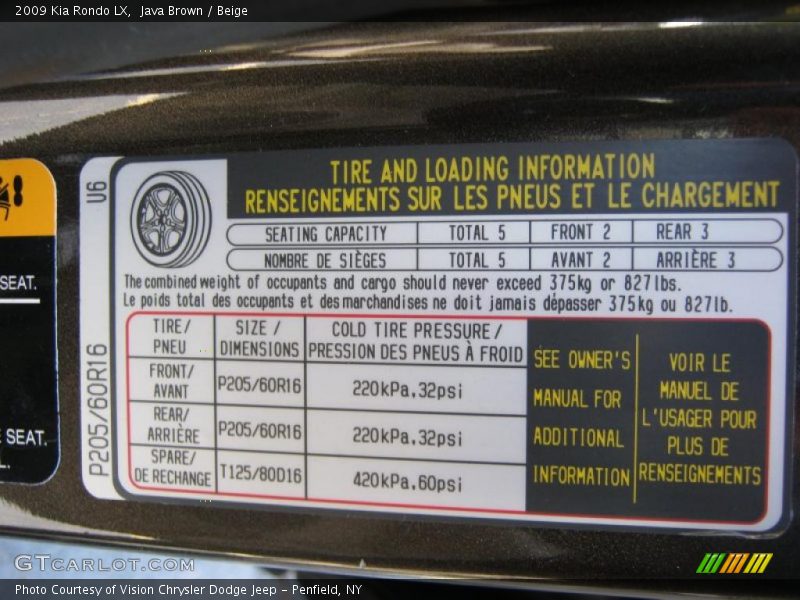 Info Tag of 2009 Rondo LX