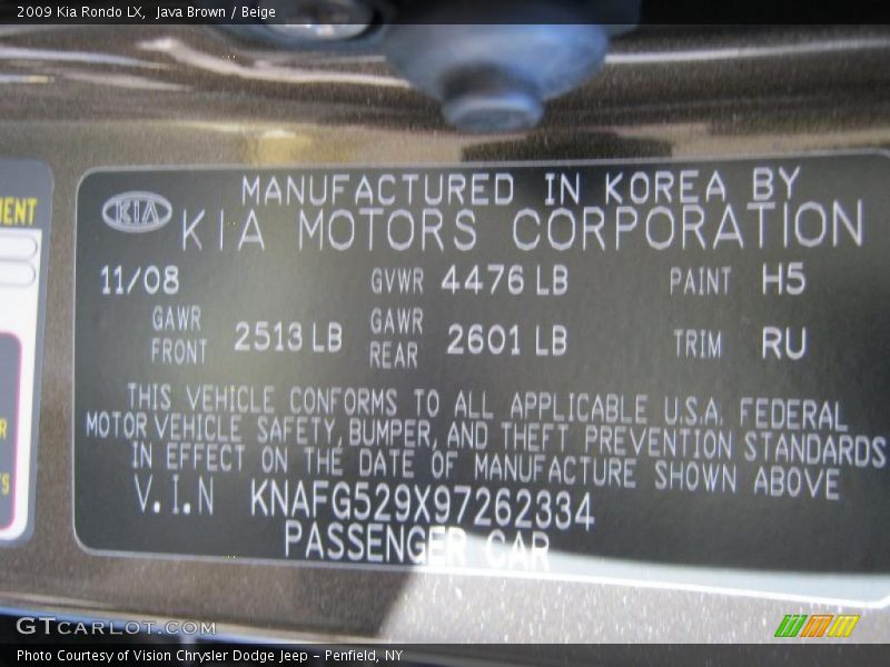 2009 Rondo LX Java Brown Color Code H5
