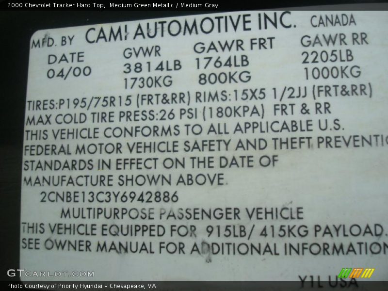 Medium Green Metallic / Medium Gray 2000 Chevrolet Tracker Hard Top