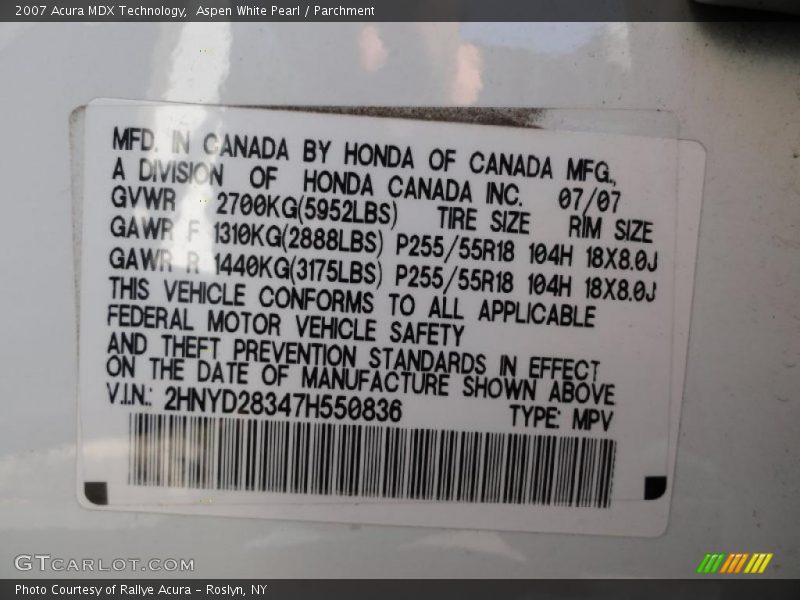 Info Tag of 2007 MDX Technology