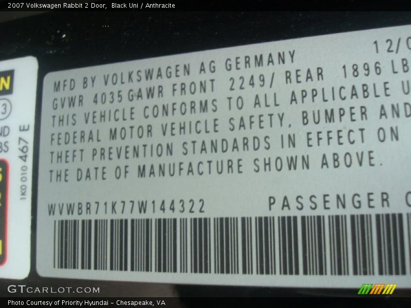 Black Uni / Anthracite 2007 Volkswagen Rabbit 2 Door