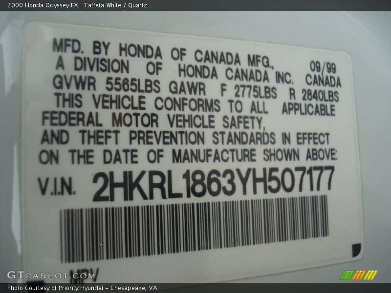 Taffeta White / Quartz 2000 Honda Odyssey EX