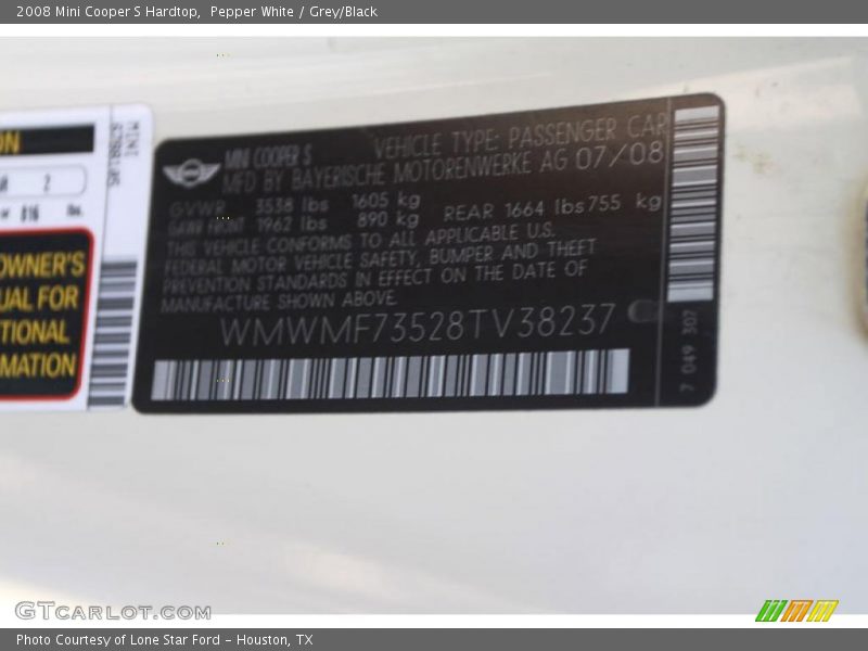 Pepper White / Grey/Black 2008 Mini Cooper S Hardtop