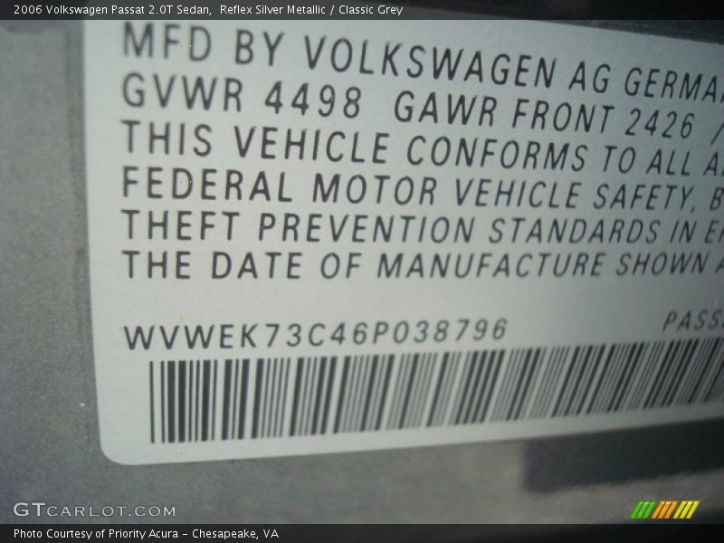 Reflex Silver Metallic / Classic Grey 2006 Volkswagen Passat 2.0T Sedan