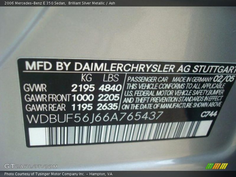 2006 E 350 Sedan Brilliant Silver Metallic Color Code 744