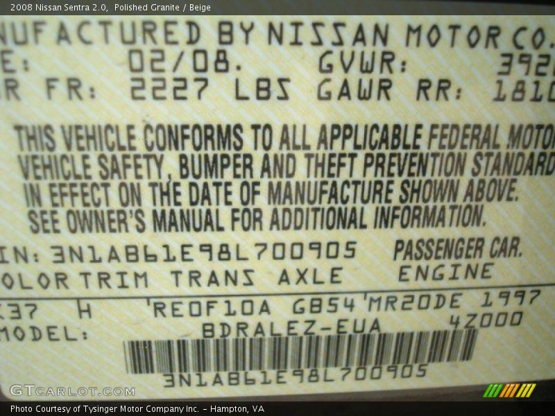 Polished Granite / Beige 2008 Nissan Sentra 2.0