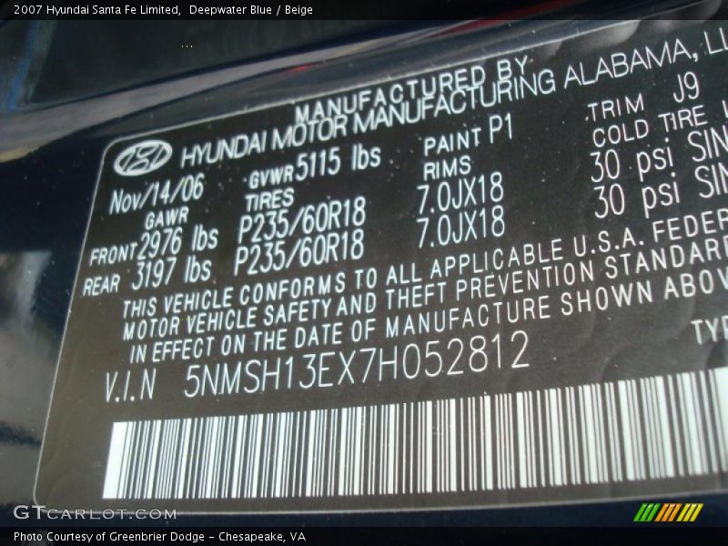 Deepwater Blue / Beige 2007 Hyundai Santa Fe Limited