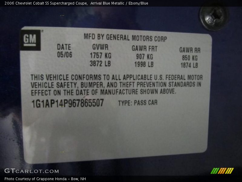 Info Tag of 2006 Cobalt SS Supercharged Coupe