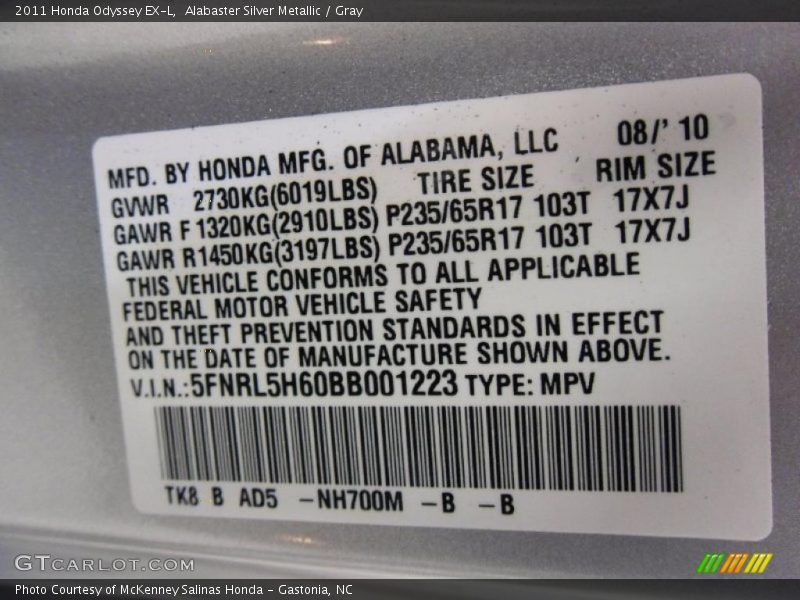 2011 Odyssey EX-L Alabaster Silver Metallic Color Code NH700M