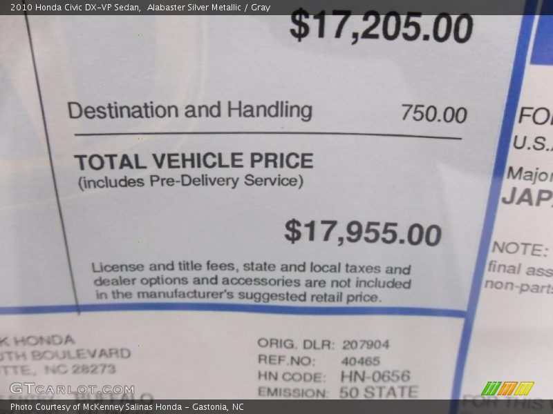 Alabaster Silver Metallic / Gray 2010 Honda Civic DX-VP Sedan