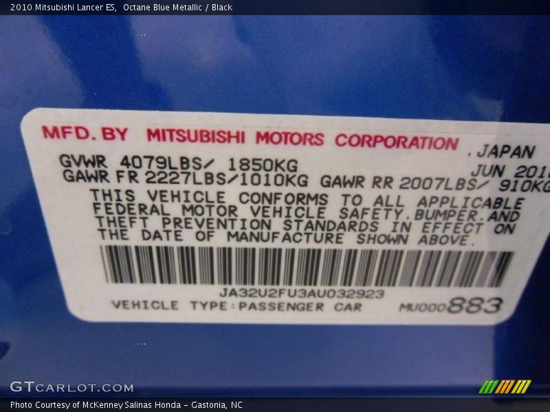 Octane Blue Metallic / Black 2010 Mitsubishi Lancer ES