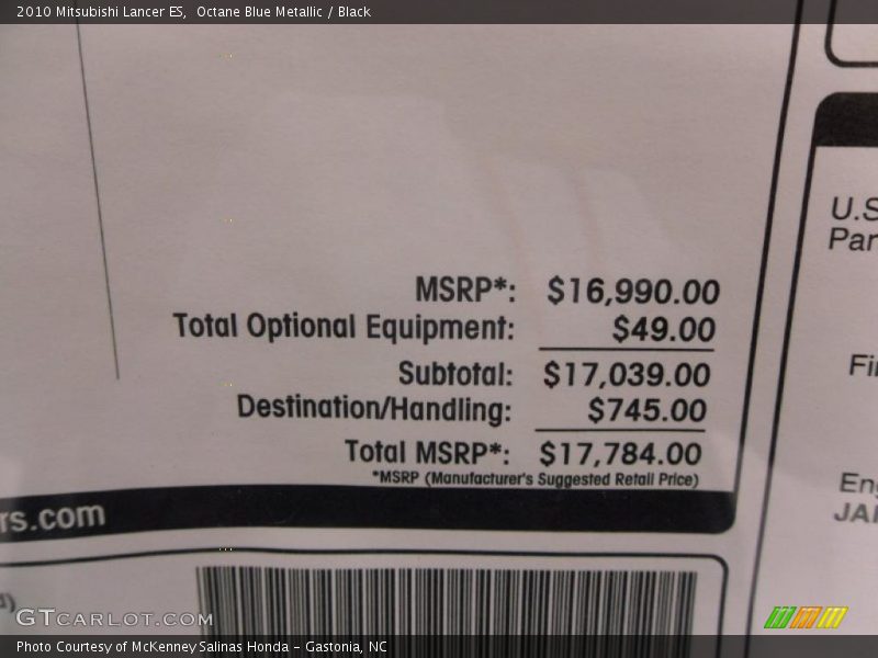 Octane Blue Metallic / Black 2010 Mitsubishi Lancer ES