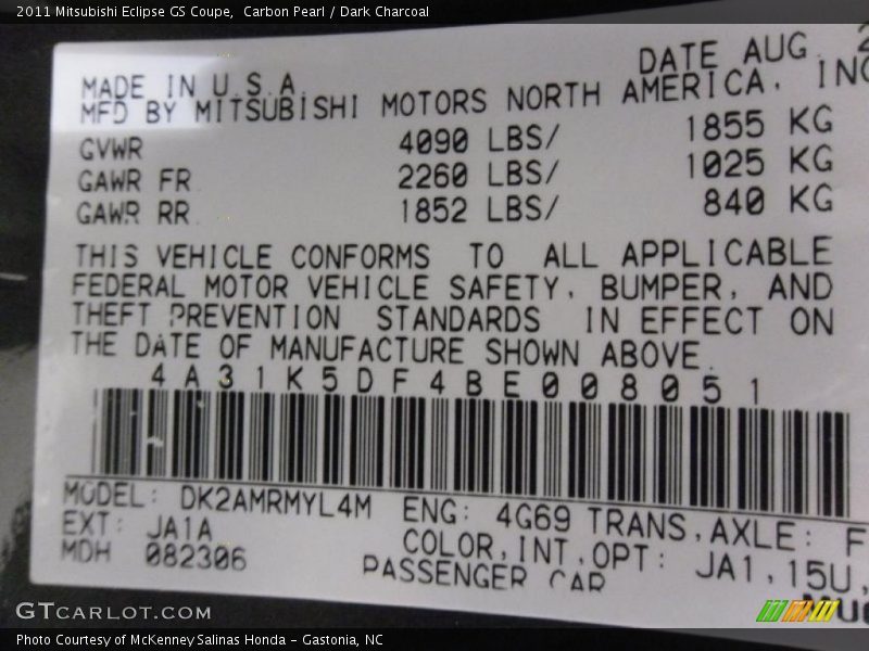 Carbon Pearl / Dark Charcoal 2011 Mitsubishi Eclipse GS Coupe