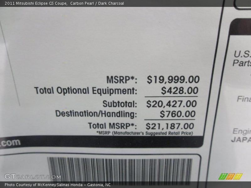 Carbon Pearl / Dark Charcoal 2011 Mitsubishi Eclipse GS Coupe