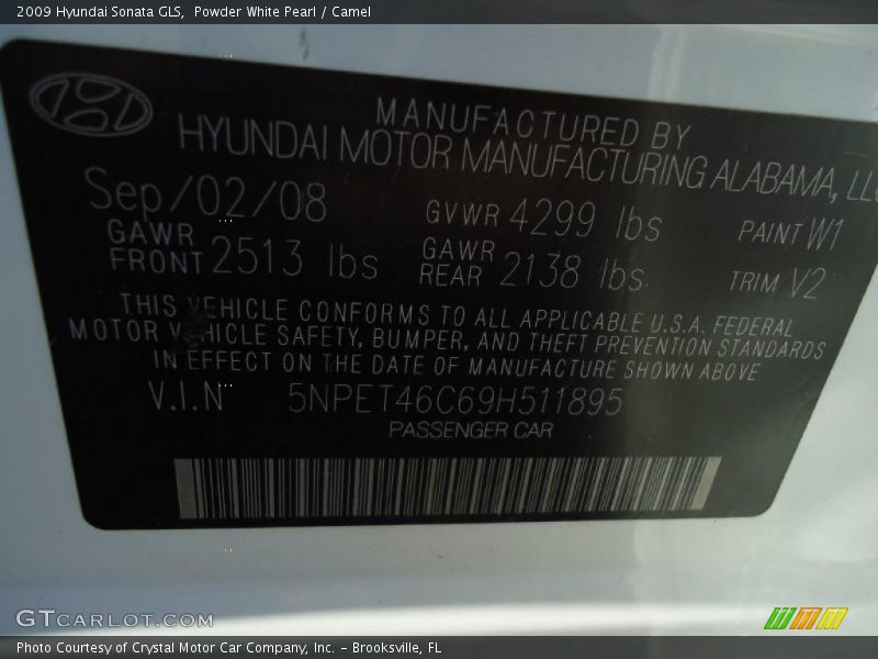 Powder White Pearl / Camel 2009 Hyundai Sonata GLS