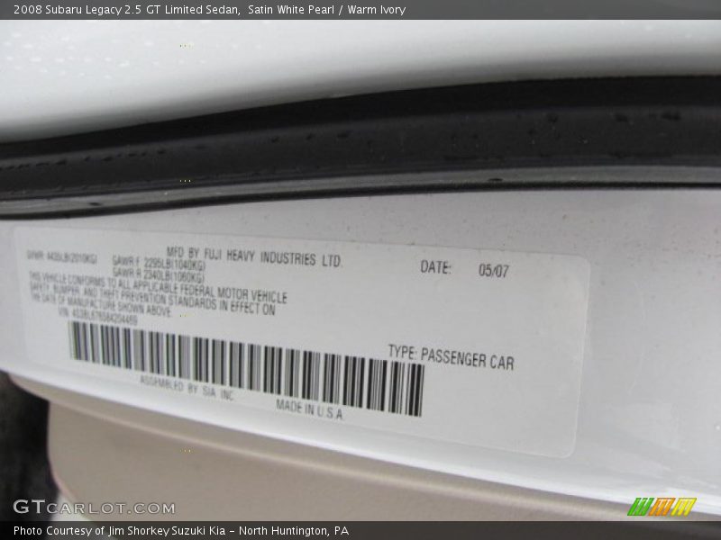 Satin White Pearl / Warm Ivory 2008 Subaru Legacy 2.5 GT Limited Sedan