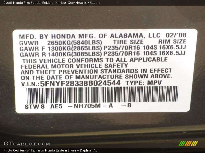 2008 Pilot Special Edition Nimbus Gray Metallic Color Code NH705M
