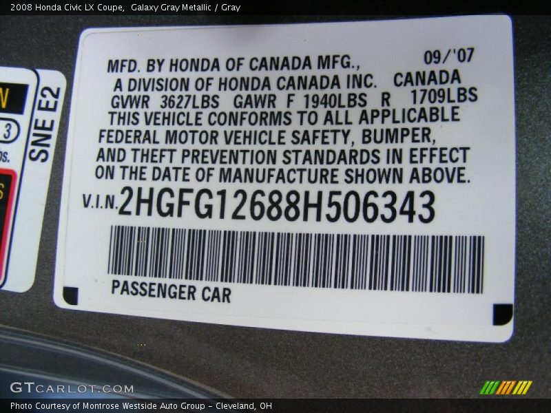 Galaxy Gray Metallic / Gray 2008 Honda Civic LX Coupe
