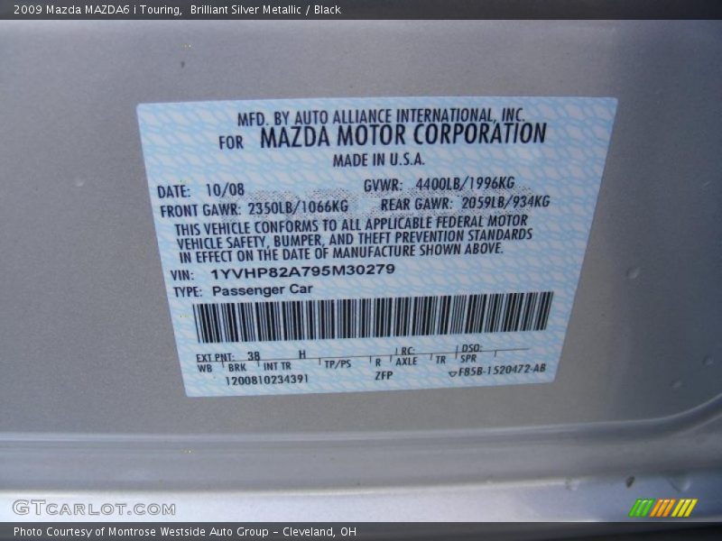 Brilliant Silver Metallic / Black 2009 Mazda MAZDA6 i Touring