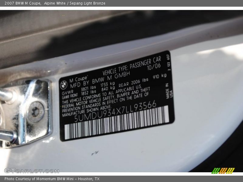 Info Tag of 2007 M Coupe