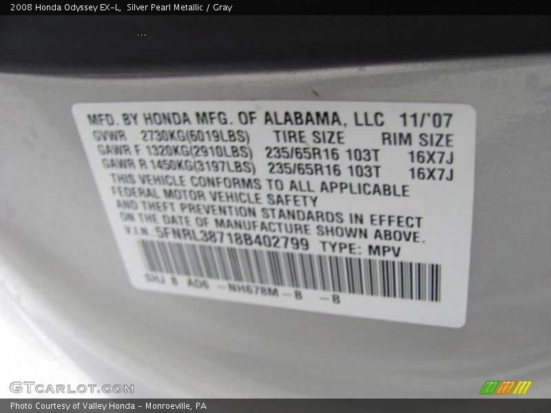 Silver Pearl Metallic / Gray 2008 Honda Odyssey EX-L