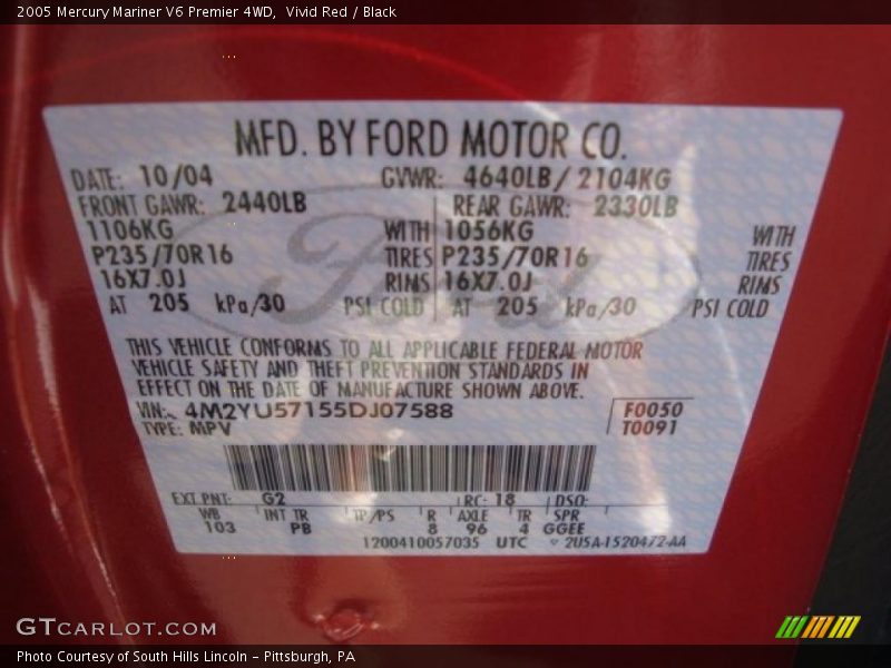 Vivid Red / Black 2005 Mercury Mariner V6 Premier 4WD