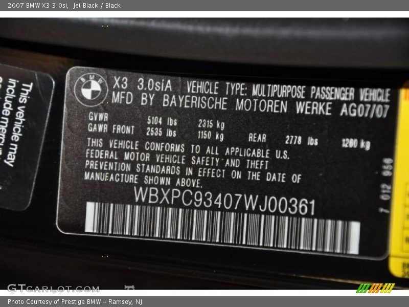 Jet Black / Black 2007 BMW X3 3.0si