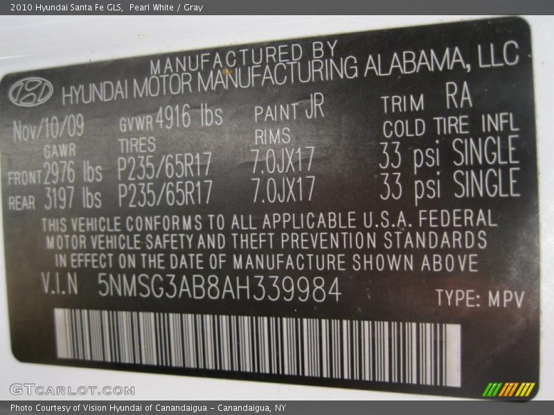 Pearl White / Gray 2010 Hyundai Santa Fe GLS