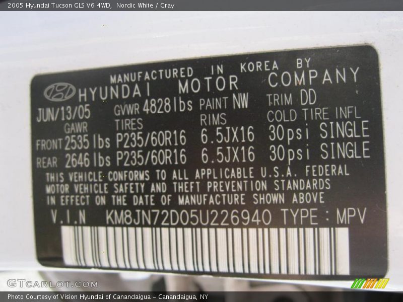 Nordic White / Gray 2005 Hyundai Tucson GLS V6 4WD