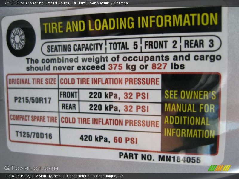 Info Tag of 2005 Sebring Limited Coupe