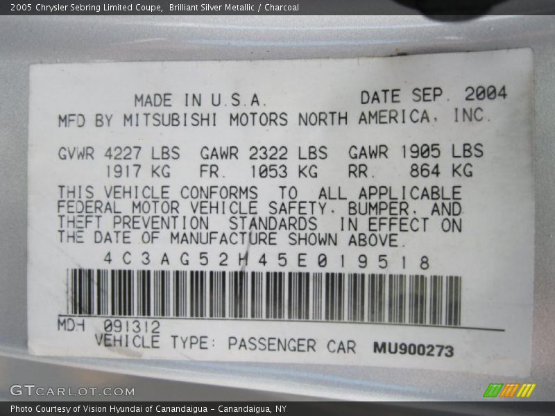 Info Tag of 2005 Sebring Limited Coupe