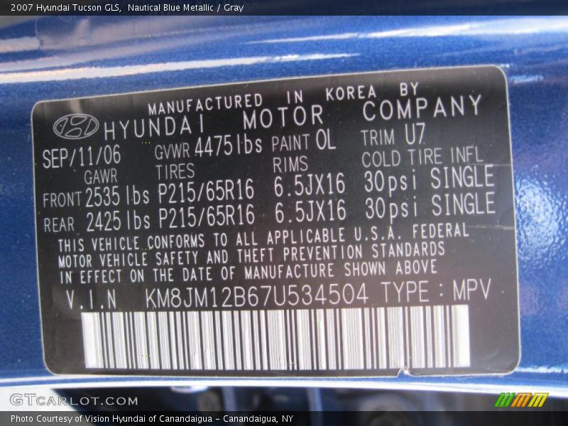 Nautical Blue Metallic / Gray 2007 Hyundai Tucson GLS