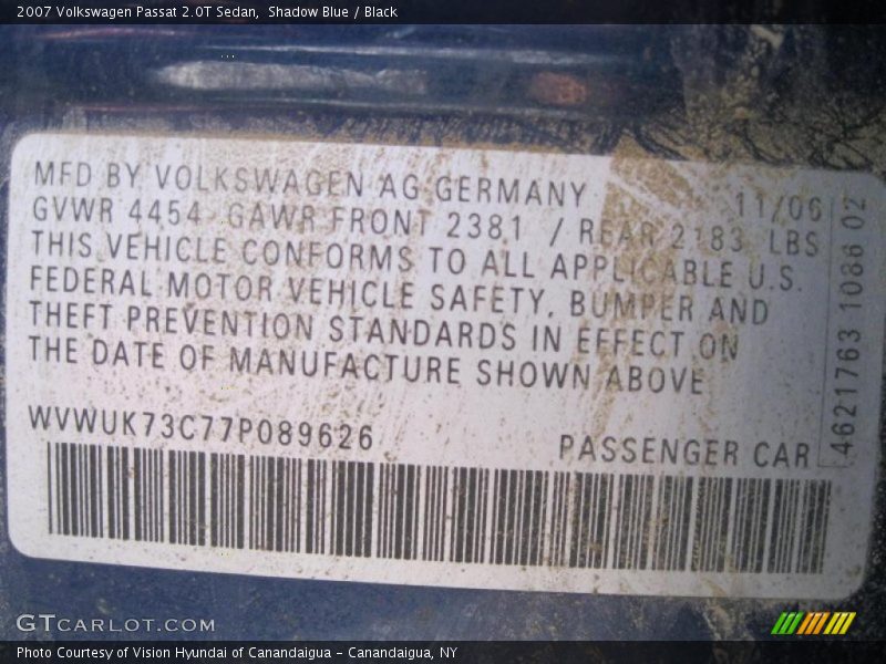 Shadow Blue / Black 2007 Volkswagen Passat 2.0T Sedan