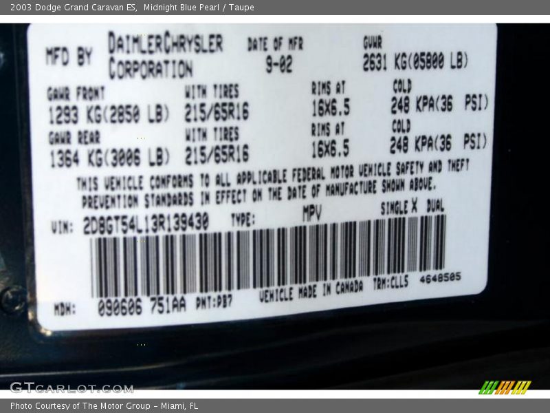 2003 Grand Caravan ES Midnight Blue Pearl Color Code PB7