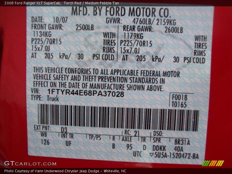 2008 Ranger XLT SuperCab Torch Red Color Code D3