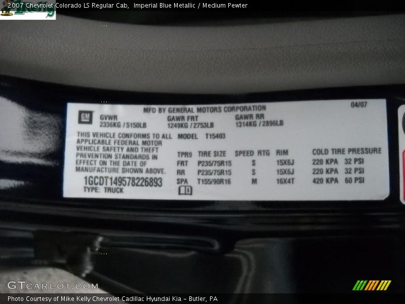 Imperial Blue Metallic / Medium Pewter 2007 Chevrolet Colorado LS Regular Cab
