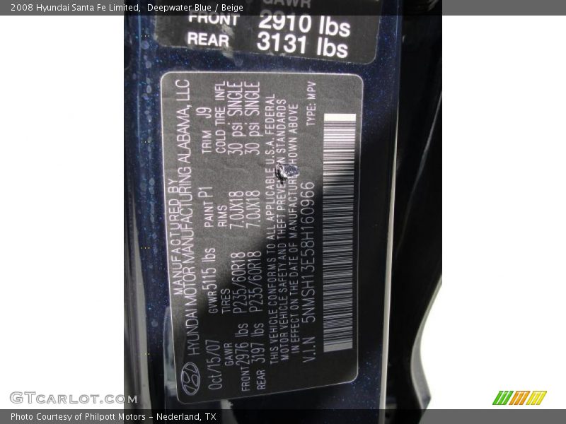 Deepwater Blue / Beige 2008 Hyundai Santa Fe Limited