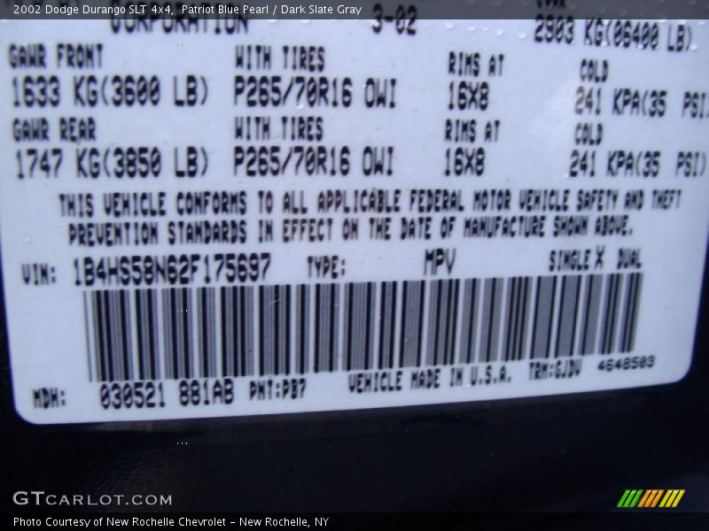 2002 Durango SLT 4x4 Patriot Blue Pearl Color Code PB7