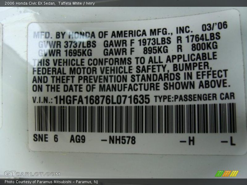 Taffeta White / Ivory 2006 Honda Civic EX Sedan