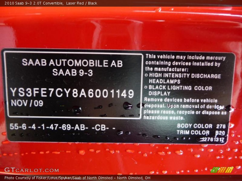 Laser Red / Black 2010 Saab 9-3 2.0T Convertible