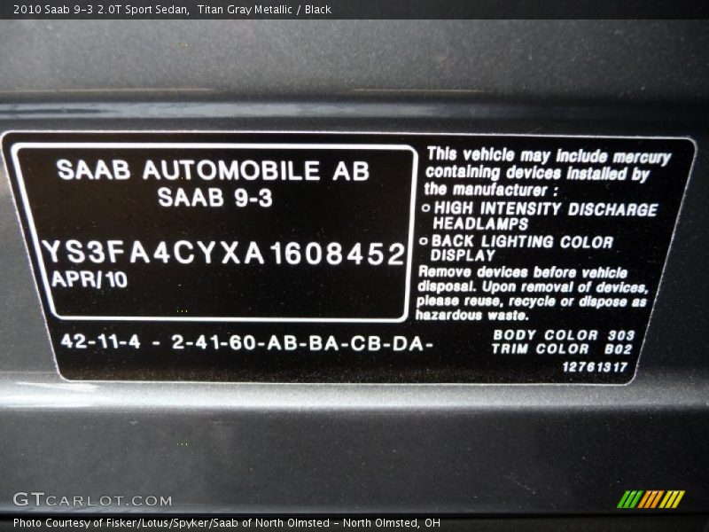 Titan Gray Metallic / Black 2010 Saab 9-3 2.0T Sport Sedan